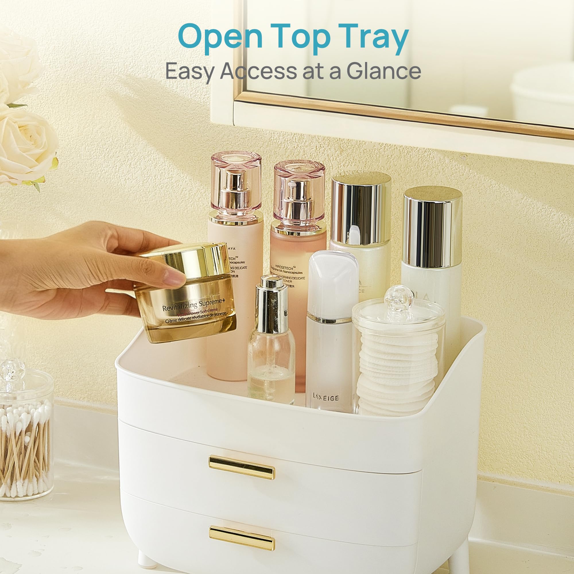 Vtopmart 3-Tier Skincare Makeup Organizer with Drawers for Vanity and Bathroom Countertop, Large Cosmetic Storage Box Case for Dresser, with Non-Slip Base