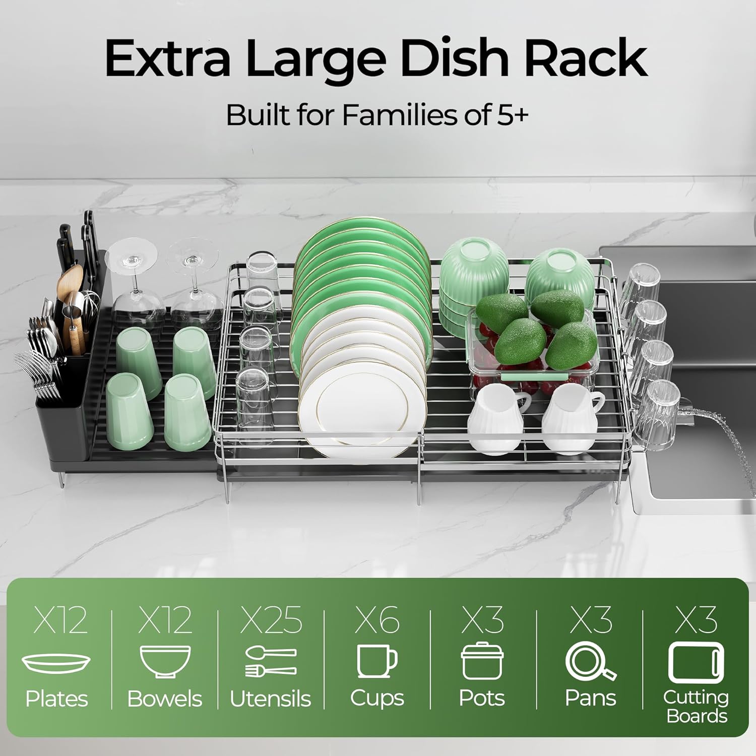 ORDORA Pots and Pans Organizer: under Cabinet, 20.8" Height & Expandable Large Dish Drying Rack, Stainless Steel Anti-Rust Dish Rack for Kitchen Counter