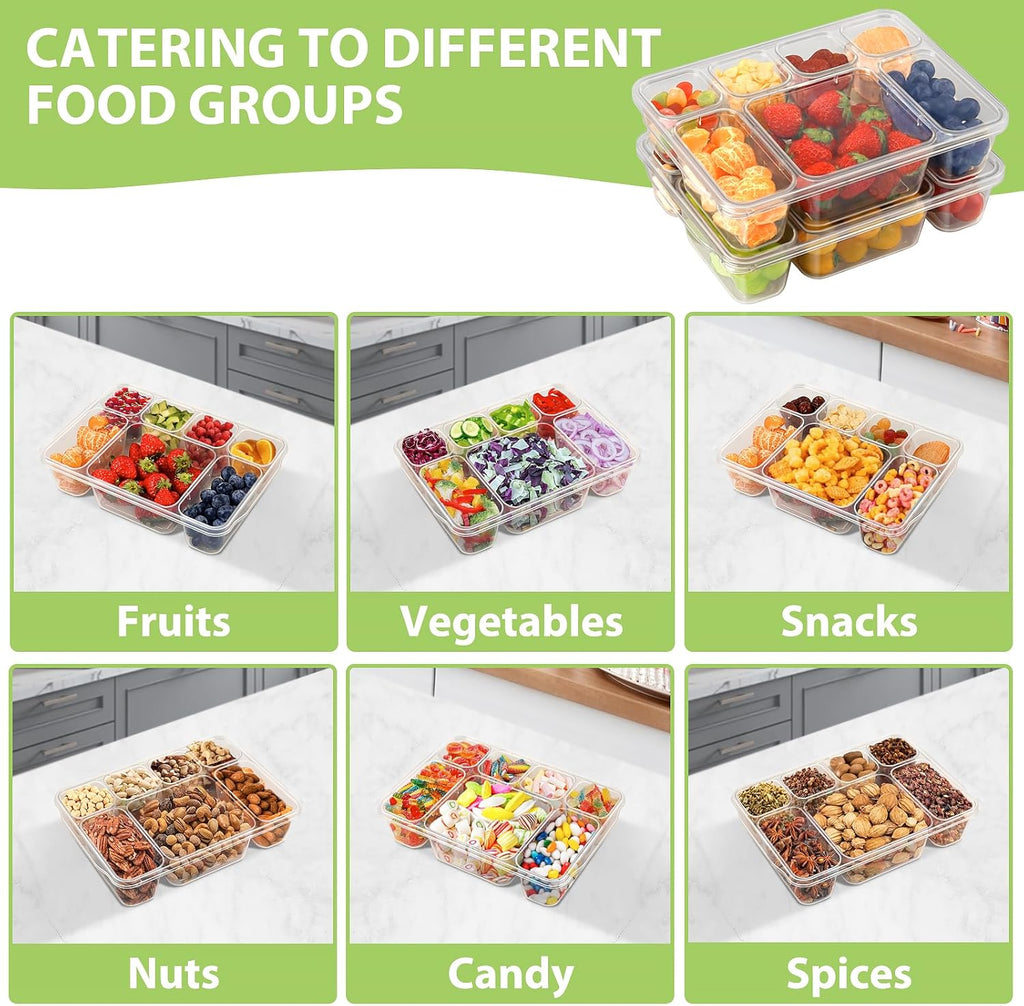 Freshmage Snackle Box Container - 2 Pack, 7 Compartment Divided Serving Tray with Lid, Portable Clear Snack Box Containers for Candy, Fruits, Nuts, and Snacks – Perfect for Travel, Parties, Picnics