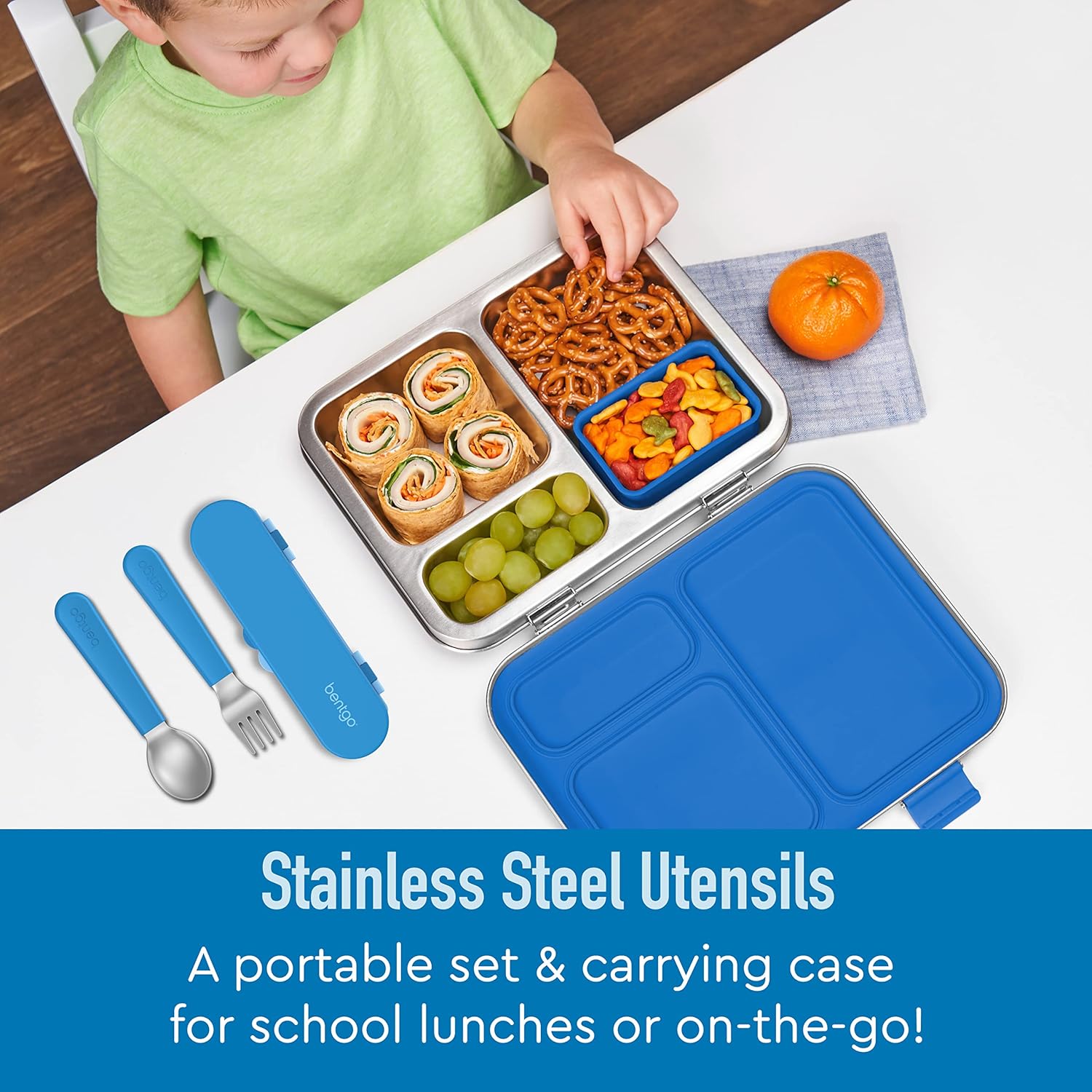 Bentgo® Kids Stainless Steel Utensil Set - Reusable Fork, Spoon & Storage Case - High-Grade BPA-Free Stainless Steel, Easy-Grip Handles, Dishwasher Safe for School Lunch, Travel & Outdoors (Blue)