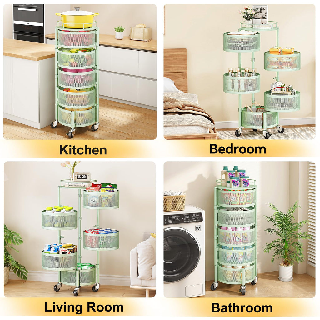 SNTD Fruit and Vegetable Basket Bowls for Kitchen with Metal Top Lid, 5 Tier Rotating Storage Rack Cart for Potato Onion Bread Banana, Wire Basket Organizer on Wheels, Large, Black