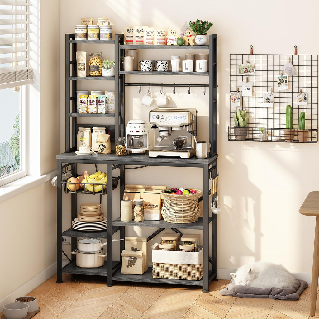 Baker Rack with Power Outlet - Microwave Stand with Storage, Large Coffee Bar Station with 14 Hooks, Metal Kitchen Shelf Rack for Spices, Pots (Rustic Brown) | with Power Outlet, with Storage, with 14 Hooks, for Spices, for Pots