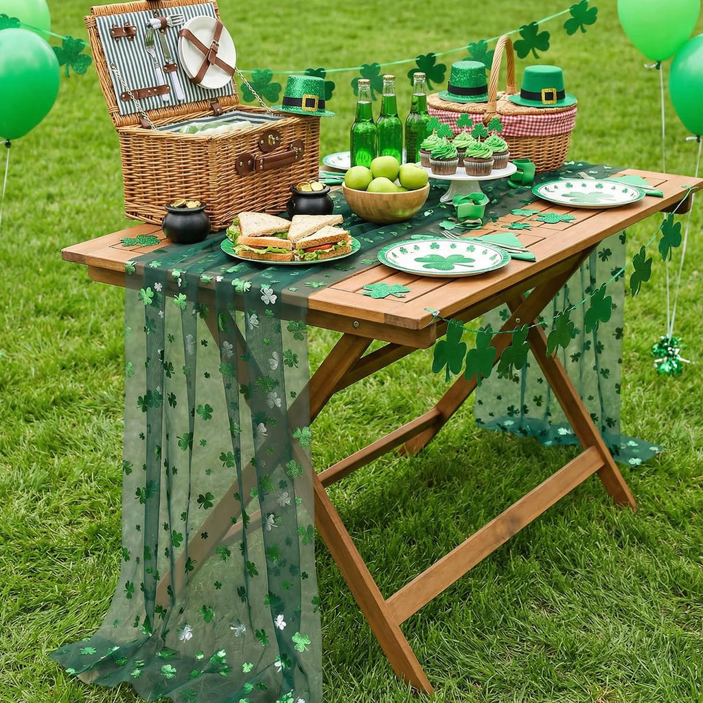 Artoid Mode Gauze Green Shamrocks St.Patrick's Day Table Runner 120 Inch 10FT,Seasonal Sheer Dining Holiday Baby Shower Table Decor for Home Party