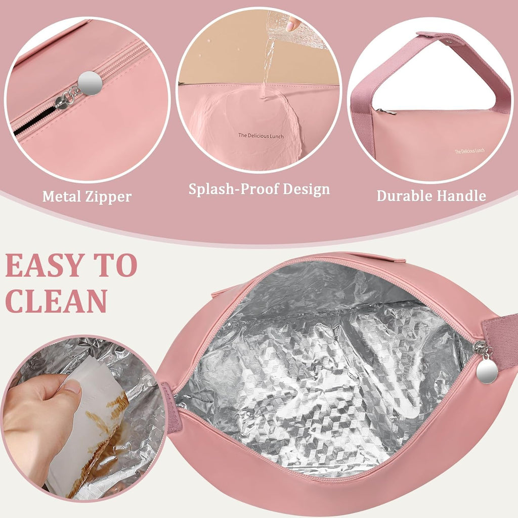 Lunch Bag Set For Women Insulated Leather Woman Lunch Bag With 2 Lunch Box Containers Spoon and Ice Pack Leakproof Reusable High Capacity Lunch Tote Bags for Work, Travel, Outdoor
