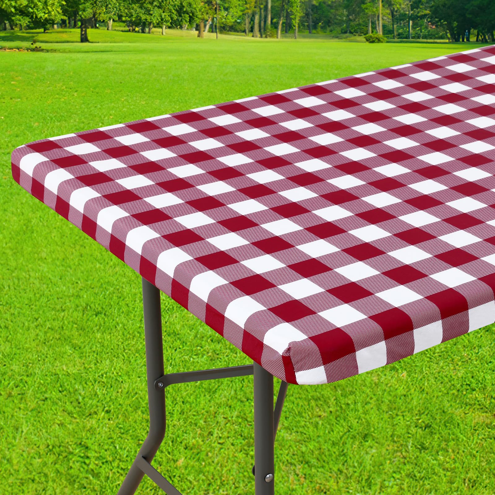 Smiry Rectangle Picnic Table Cloth, Elastic Waterproof Fitted Vinyl Tablecloths, Flannel Backed Buffalo Plaid Table Covers for Dining, Camping, Outdoor (Black and White, 30" x 72")