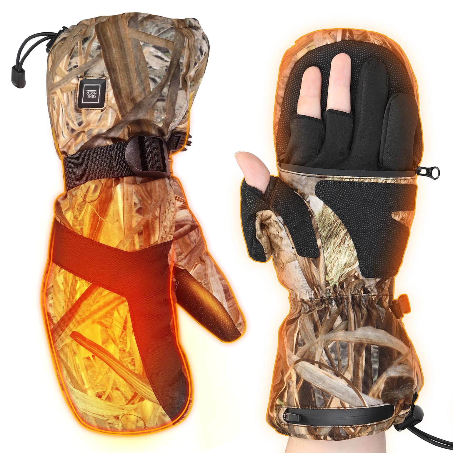 KEMIMOTO Heated Hunting Gloves Camo, Flip Fingerless Mittens for Men Women, Rechargeable with 2 Batteries, 3 Heat Settings