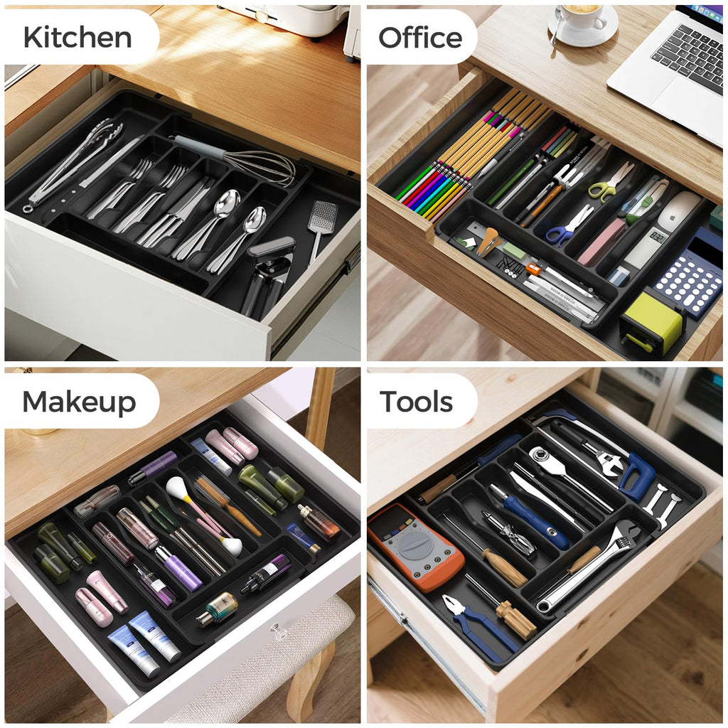 Extra Large Expandable Silverware Organizer, BPA-Free Food-Safe Cutlery Flatware Organizer, Kitchen Utensil Drawer Organizer, Adjustable Silverware Holder for Spoons Forks Knives, Black