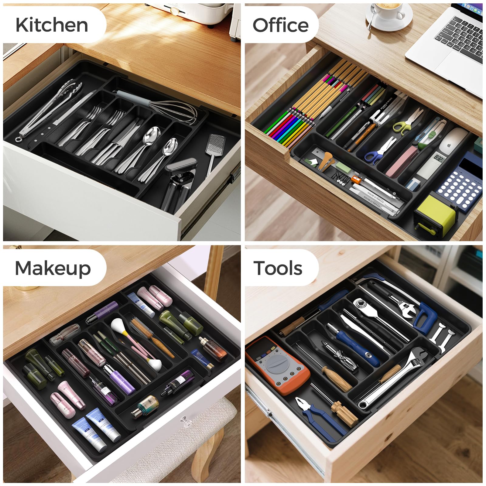 Extra Large Expandable Silverware Organizer, BPA-Free Food-Safe Cutlery Flatware Organizer, Kitchen Utensil Drawer Organizer, Adjustable Silverware Holder for Spoons Forks Knives, Black