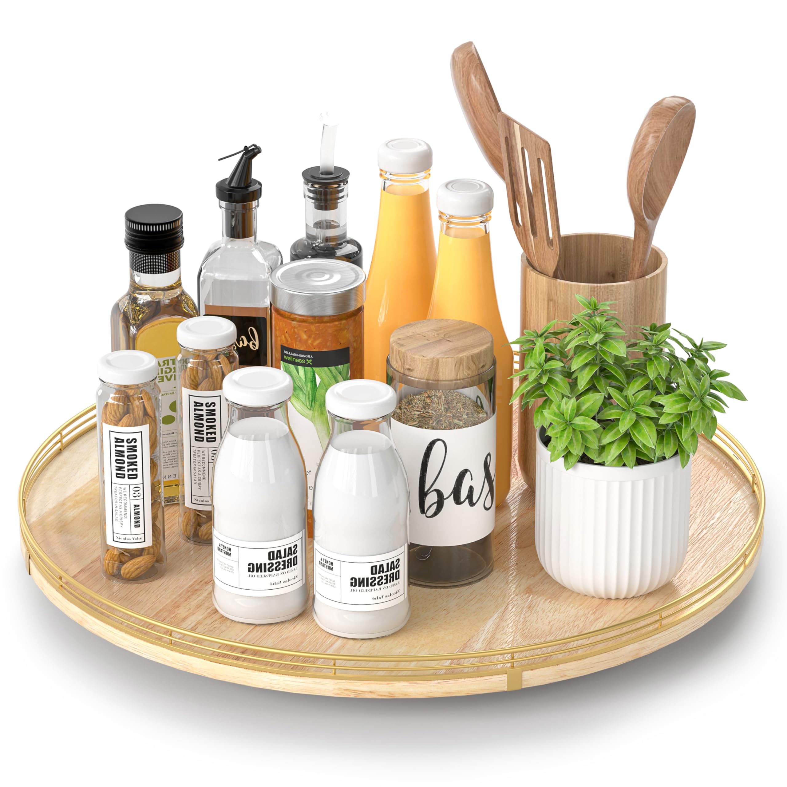 Farmhouse Oak 9" Lazy Susan Turntable Organizer for Cabinet, Round Wooden Lazy Susan Organization and Storage for Dining Table, Pantry, Kitchen, Countertop, Cupboard,Home Decor, Walnut Wood