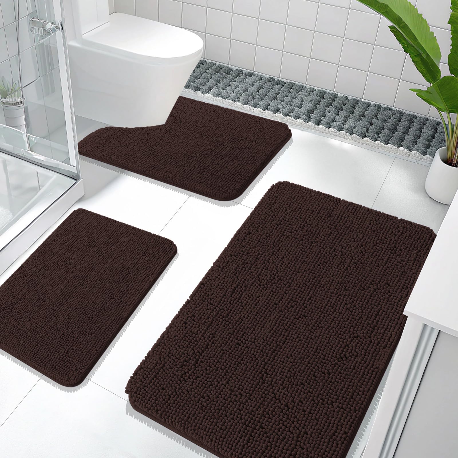 OLANLY Bathroom Rugs Sets 3 Piece, Soft Absorbent Chenille Bath Mats and U-Shaped Contour Toilet Rug, Quick Dry, Home Decor Accessories, Bath Mat Set for Bathroom (30"x20"+24"x16"+24"x20", Grey)