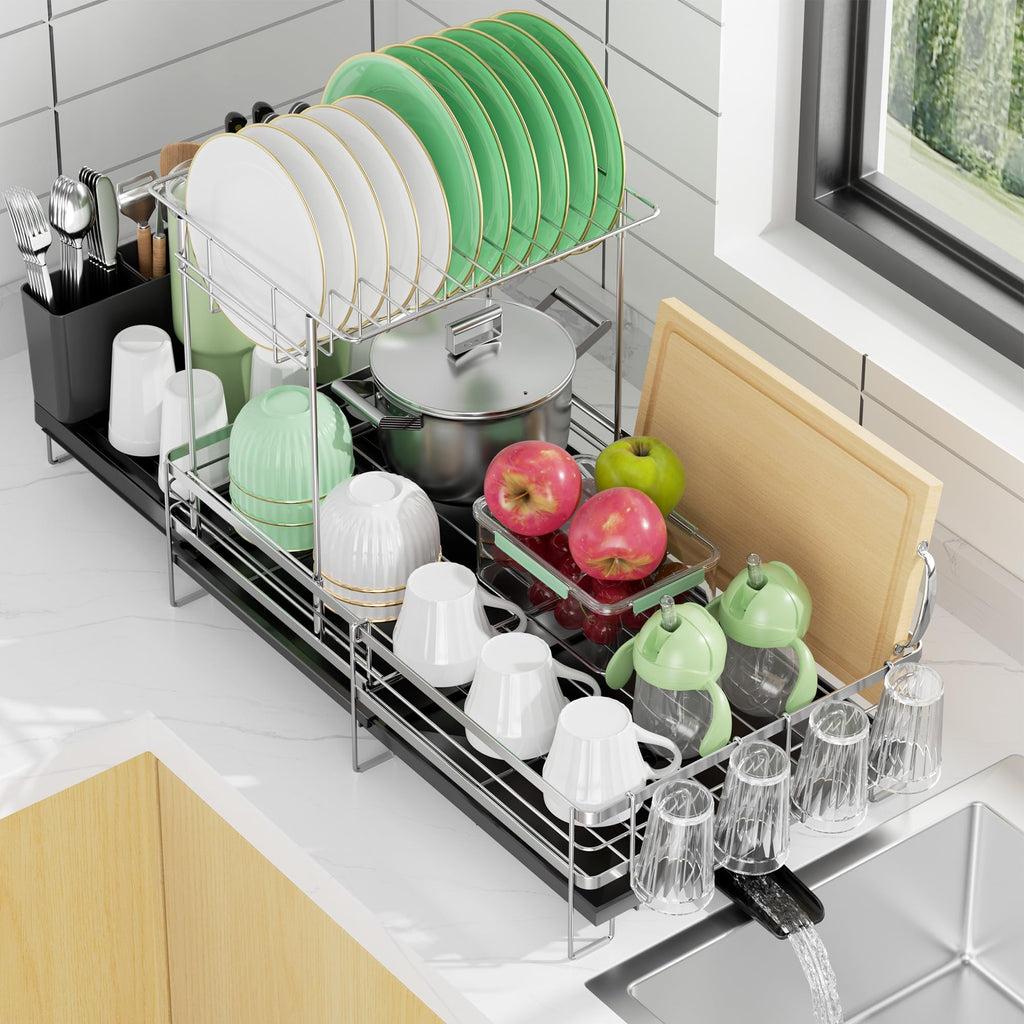Large Dish Drying Rack, Expandable Dish Rack, Stainless Steel Anti-Rust Dish Racks for Kitchen Counter, Multifunctional Dish Drainer with Utensil Holder & Cup Holder, 13.4"-28.7" L x 11.8" W
