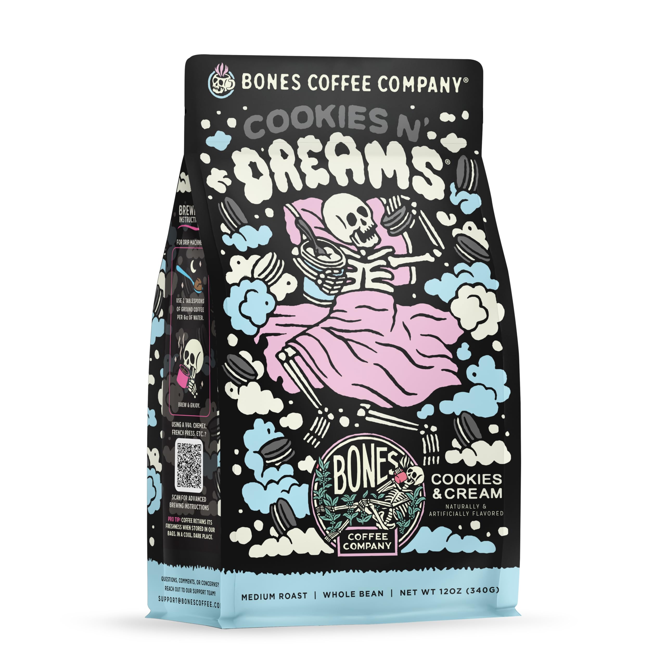 Bones Coffee Company Salty Siren, Sea Salted Caramel Chocolate Flavored Coffee, Medium Roast Low Acid Arabica Beans Compatible with Auto drip and French Press Coffee Maker, 12 Oz Whole Bean