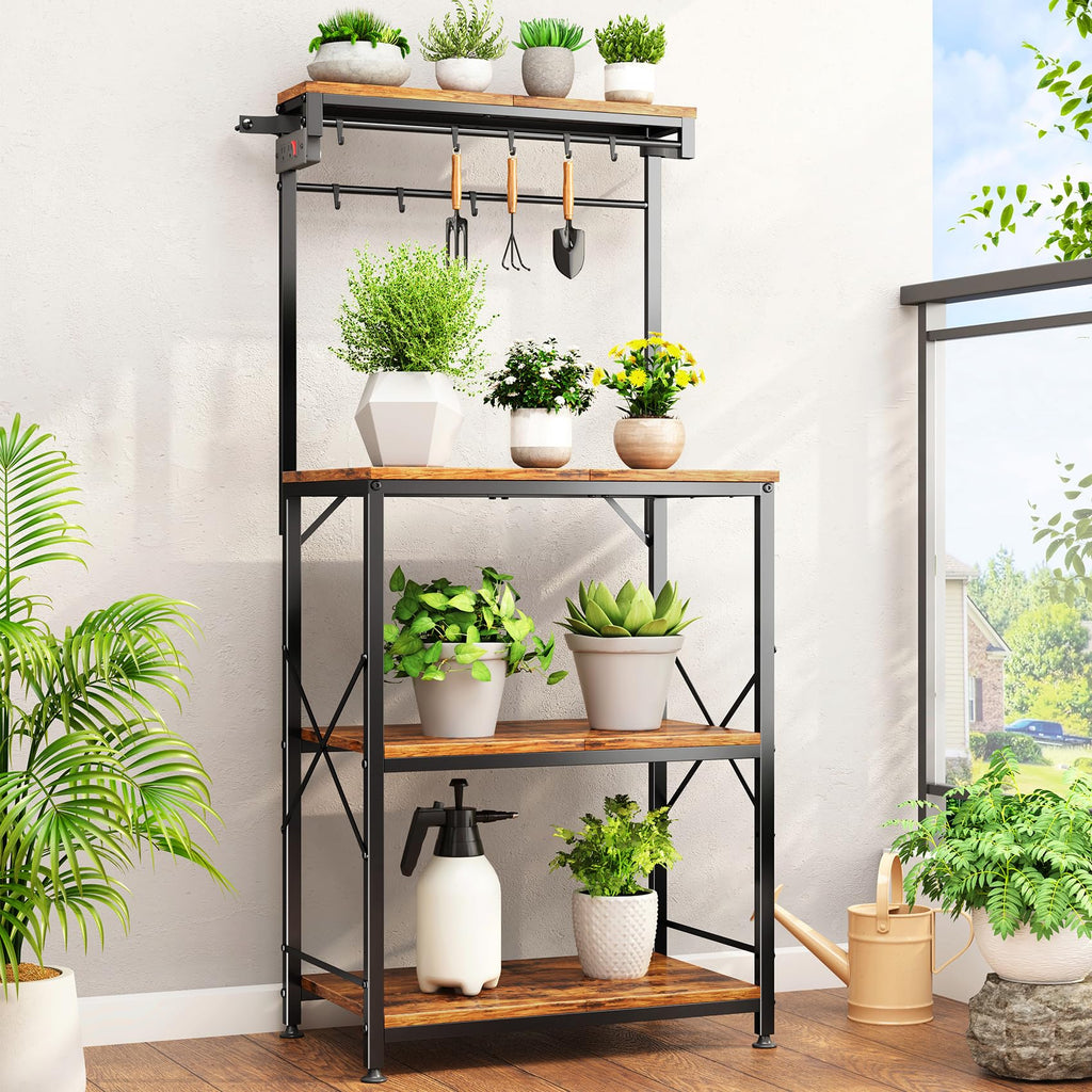 SNTD Bakers Rack with Power Outlet, Kitchen Shelves Microwave Stand with Wire Grid and 10 Hooks, 4 Tiers Coffee Stand (Rustic Brown, 23.5 x 15.6 x 52.8 Inches)