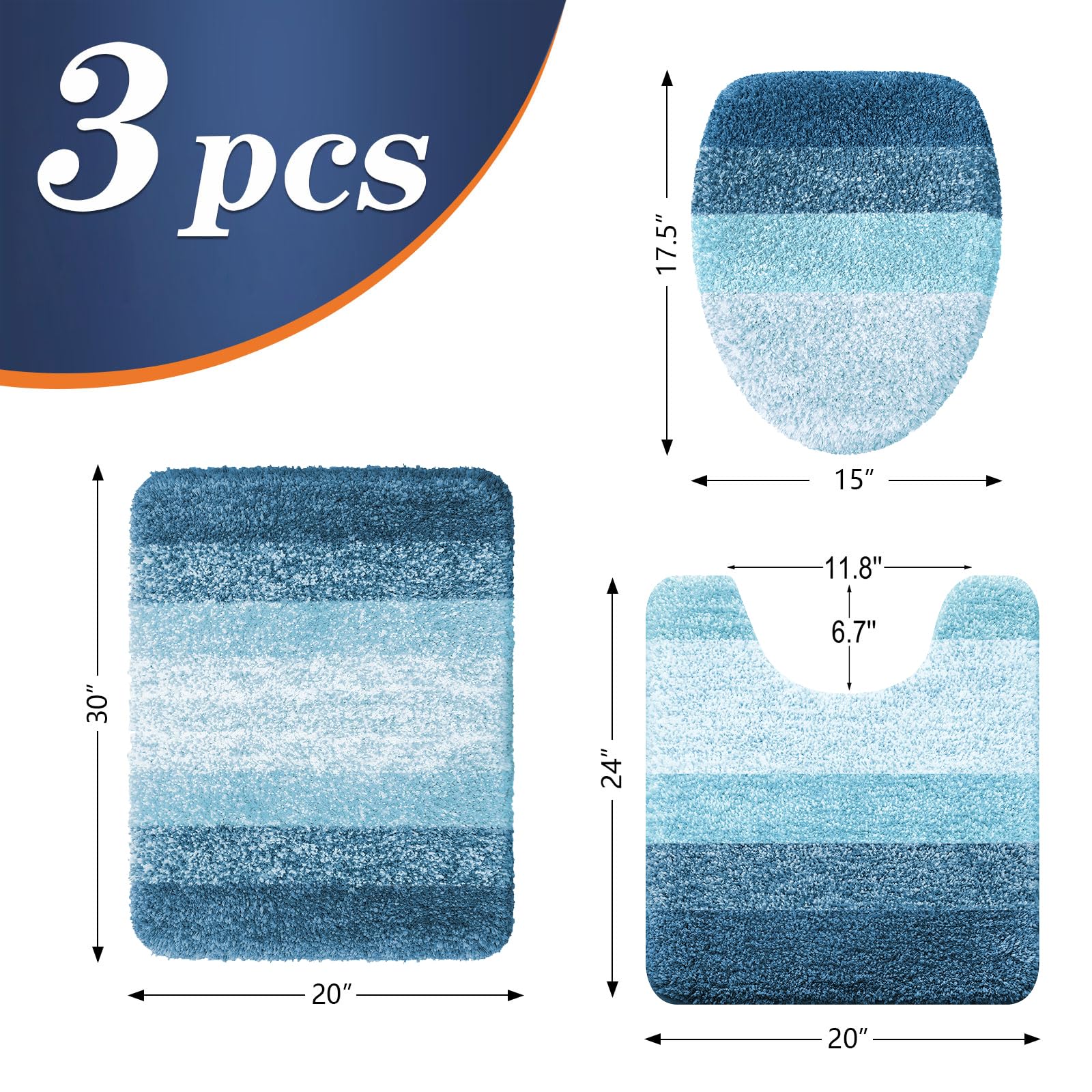 OLANLY Bathroom Rugs Sets 3 Piece, Soft Microfiber Absorbent Bath Mat, U-Shaped Contour Toilet Mat and Toilet Lid Cover, Quick Dry, Machine Washable, Toilet Cover and Rug Set for Bathroom, Grey