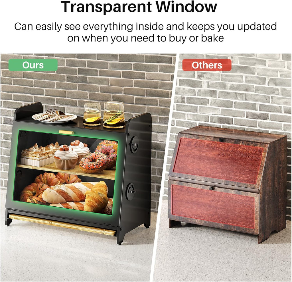 SNTD Bread Box for Kitchen Countertop, Airtight Homemade Bread Storage Container with Adjustable Vent Holes, Bamboo Cutting Board (Black, L)