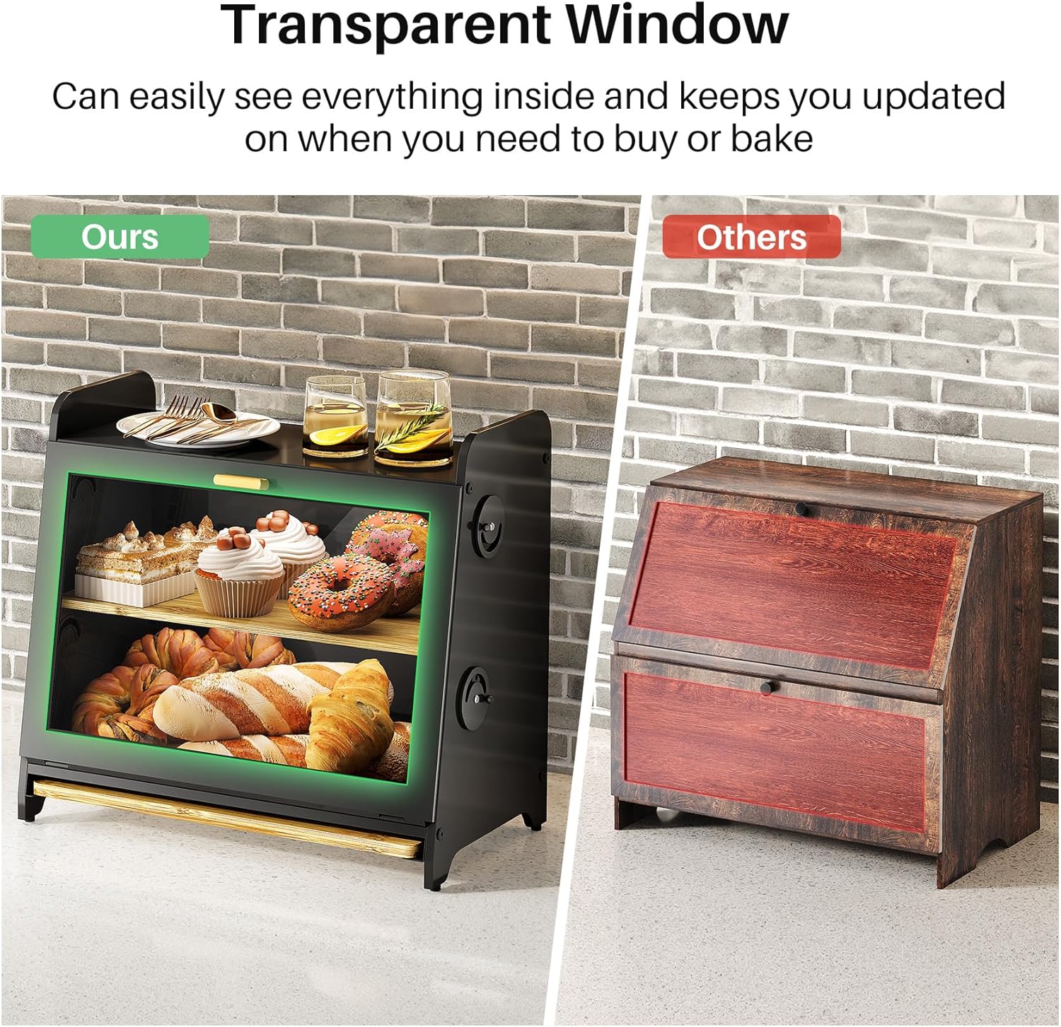 SNTD Bread Box for Kitchen Countertop, Airtight Homemade Bread Storage Container with Adjustable Vent Holes, Bamboo Cutting Board (Black, L)