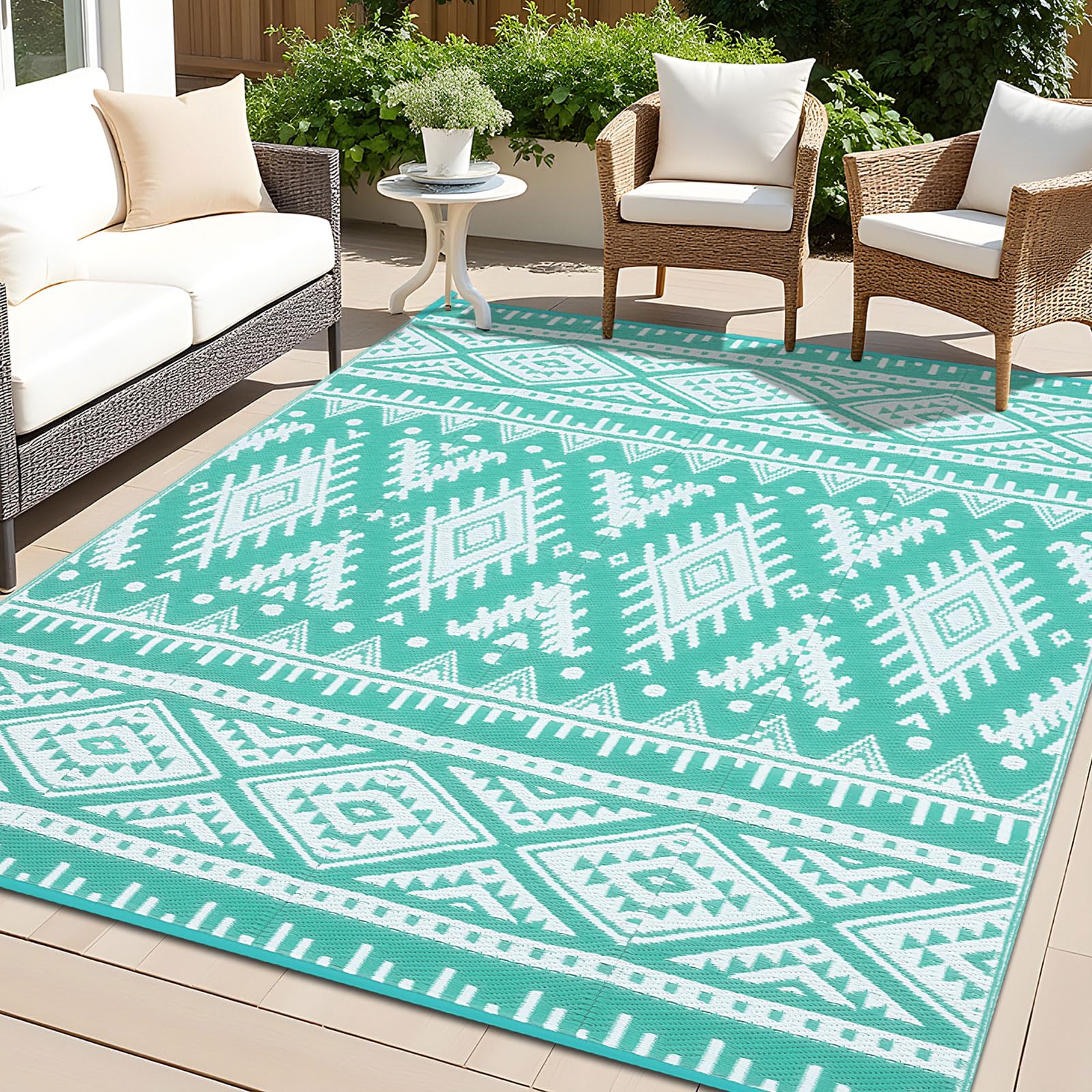 OLANLY Outdoor Rug Waterproof 5x8 ft, Reversible Outdoor Plastic Straw Rug, Boho Patio Rug, Indoor Outdoor Carpet, RV Mat Outside for Patio, Camp, Picnic, Balcony, Deck, Backyard, Black & White