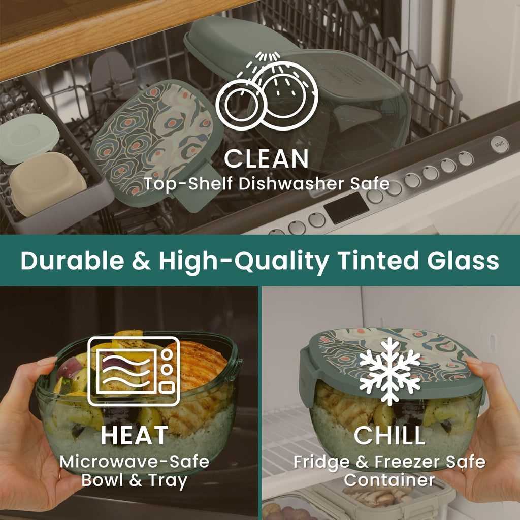 Bentgo Glass Salad Container - 7.6-Cup Salad Bowl with Airtight Lid, Leak-Proof Sauce Container, 4-Compartment Bento Tray & Reusable Fork - BPA-Free for Meal Prep, Office & More (Lavender)