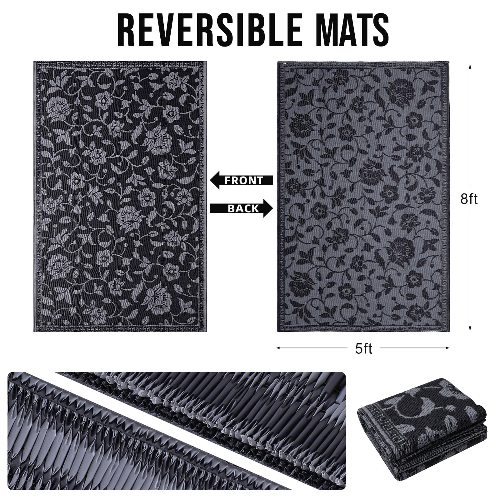 OLANLY Waterproof Outdoor Rug 5x8 ft, Outdoor Plastic Straw Rug with Flower Pattern, Reversible RV Mat for Patio, Camping, Balcony, Deck, Backyard, Navy & White