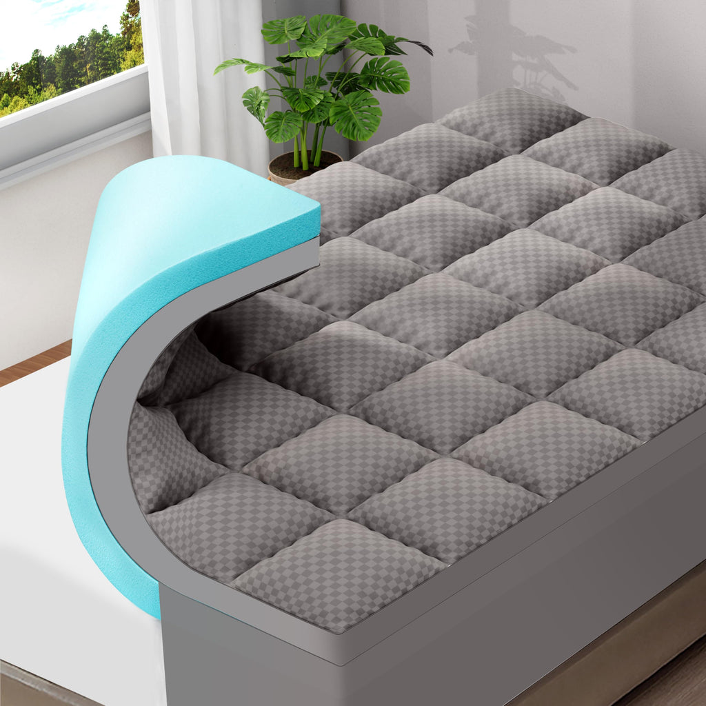 OLANLY Dual-Layer 4 Inch Queen Size Memory Foam Mattress Topper for Back Pain, 2 Inch Cooling Pillow Top Mattress Pad Cover and 2 Inch Gel Memory Foam Topper, Deep Elastic Pocket, Grey