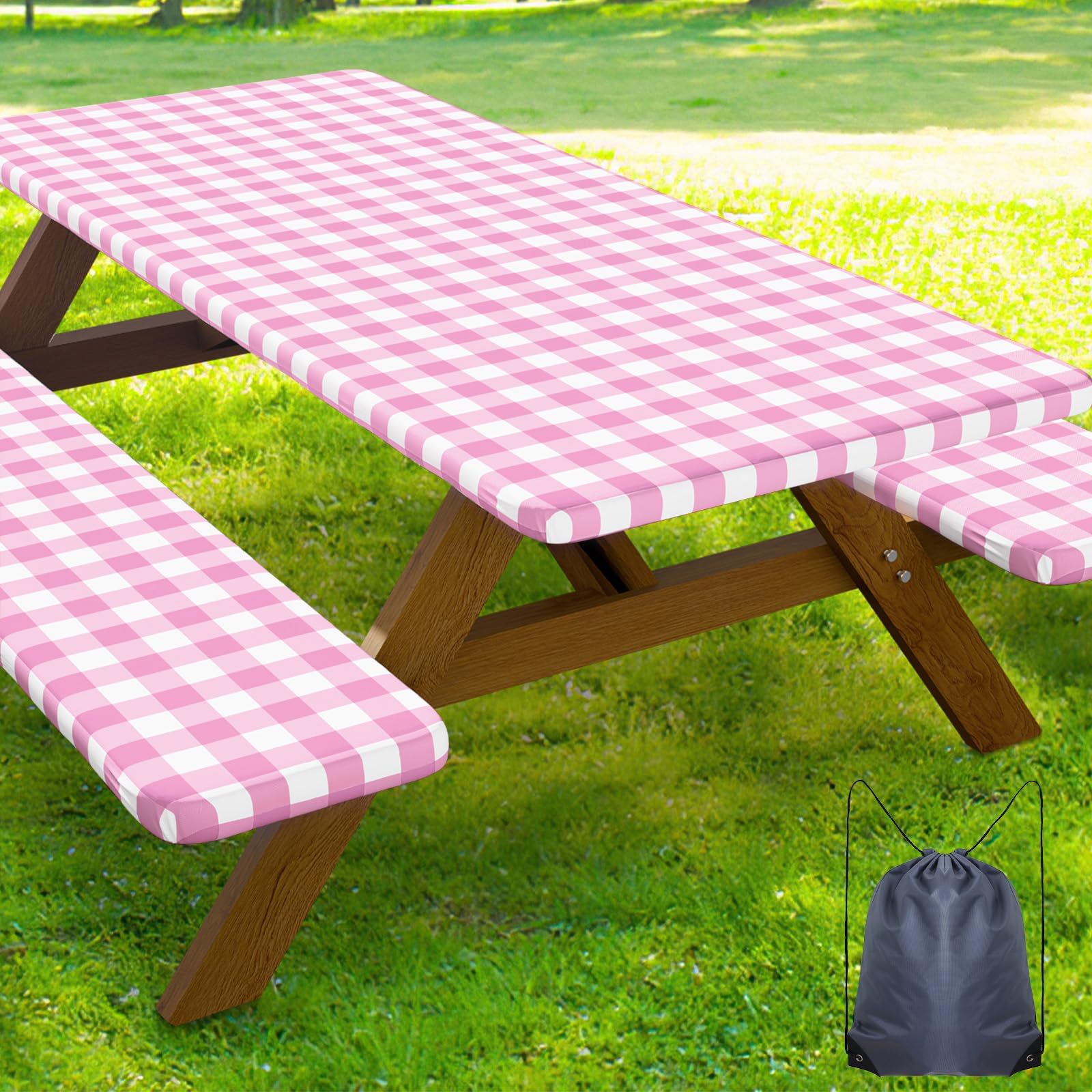 Smiry Picnic Table Cover with Bench Covers, Waterproof Elastic Fitted Tablecloths for 6 Foot Rectangle Tables, Washable Buffalo Plaid Tablecloth for Camping, Outdoor (Black & White, 30"x72")