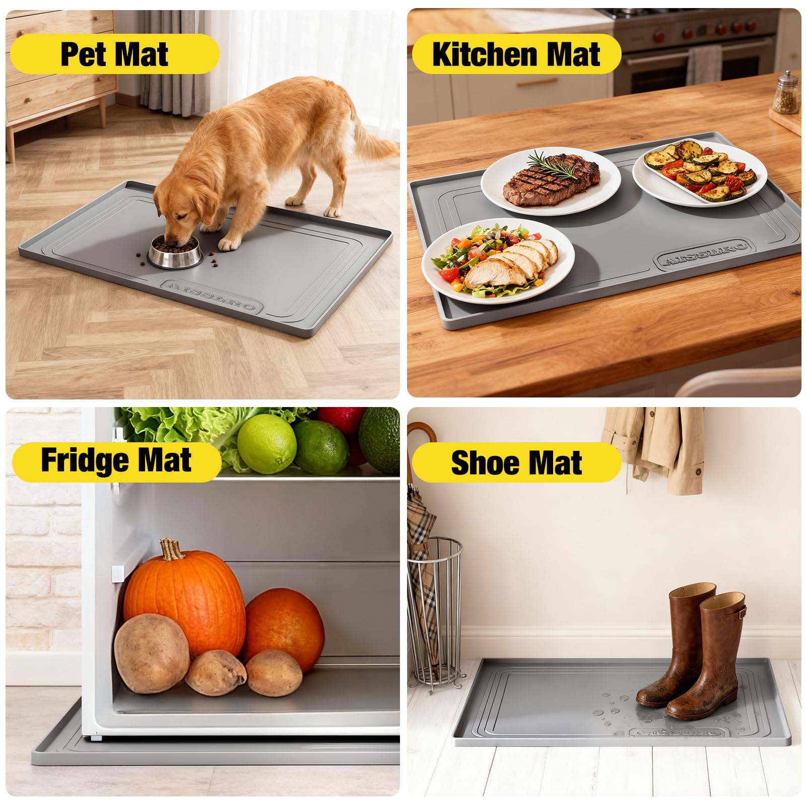 Aisslro Under Sink Mat 22" X 19", Waterproof Silicone Cabinet Protector with Raised Edge, Kitchen & Bathroom Leak Tray, Shelf Liner & Pet Feeding Mat for Dog Cat Food Mats, Light Gray