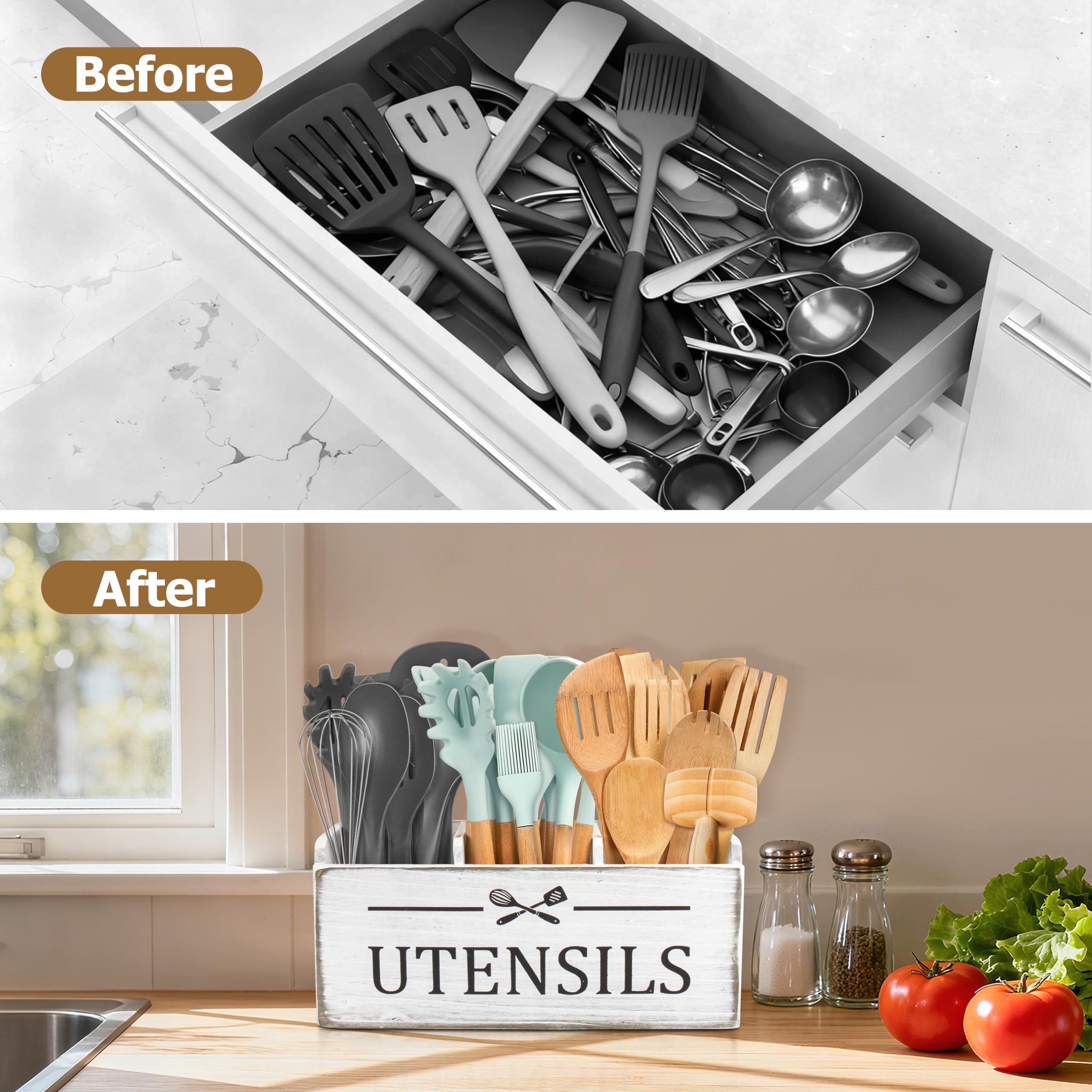 RedCall Wooden Kitchen Utensil Holder for Counter-top,Large Utensil Organizer for Storage Cooking Tool and Silverware,Extra Large Rustic Wood Container (Black)