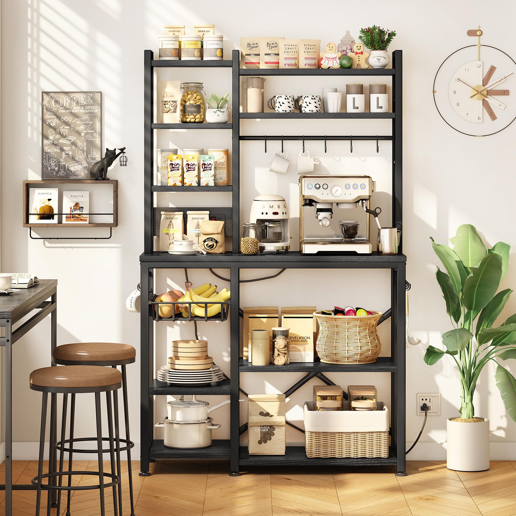 Baker Rack with Power Outlet - Microwave Stand with Storage, Large Coffee Bar Station with 14 Hooks, Metal Kitchen Shelf Rack for Spices, Pots (Rustic Brown) | with Power Outlet, with Storage, with 14 Hooks, for Spices, for Pots