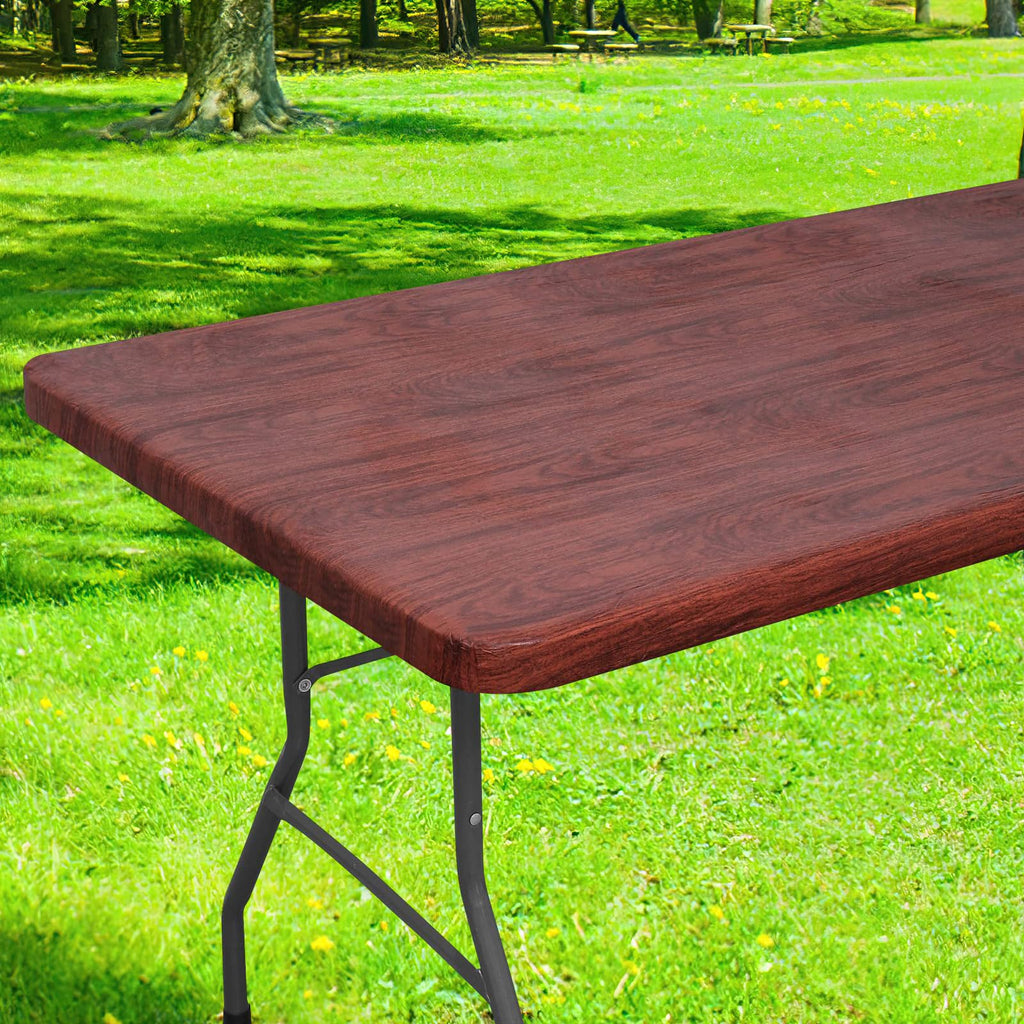 Smiry Rectangle Table Cloth Cover, Waterproof Elastic Fitted Picnic Tablecloth for 6 Foot Tables, Wipeable Flannel Backed Vinyl Tablecloths for Camping, Dining, Outdoor (Beige Wood, 30" x 72")