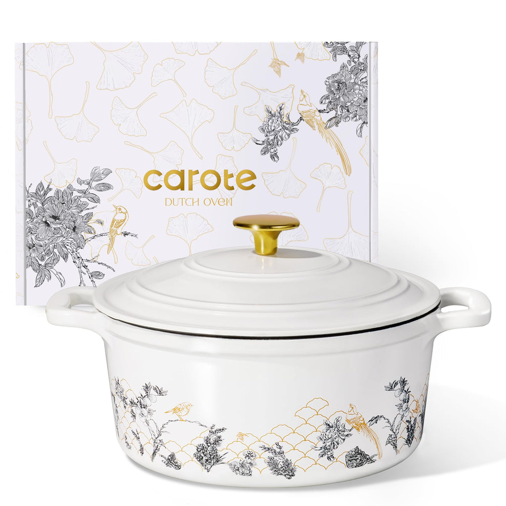 CAROTE 5 QT Cast Iron Dutch Oven Pot with Lid, Enameled Floral Dutch Ovens with Cotton Potholders & Oven Gloves, Gift Box, Cast Iron Pot for Sourdough Bread Baking, Braising, Stews, Roasting, Dual Handles, All Stovetop Compatible, Oven Safe up to 500° F,