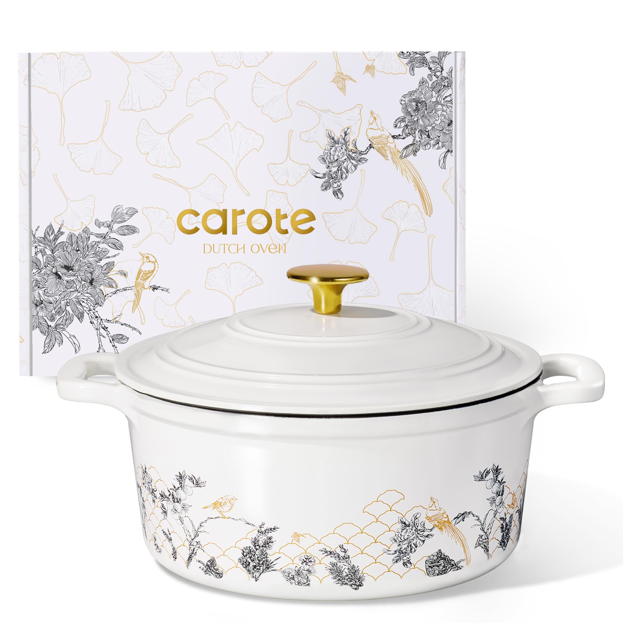 CAROTE 5 QT Cast Iron Dutch Oven Pot with Lid, Enameled Floral Dutch Ovens with Cotton Potholders & Oven Gloves, Gift Box, Cast Iron Pot for Sourdough Bread Baking, Braising, Stews, Roasting, Dual Handles, All Stovetop Compatible, Oven Safe up to 500° F,