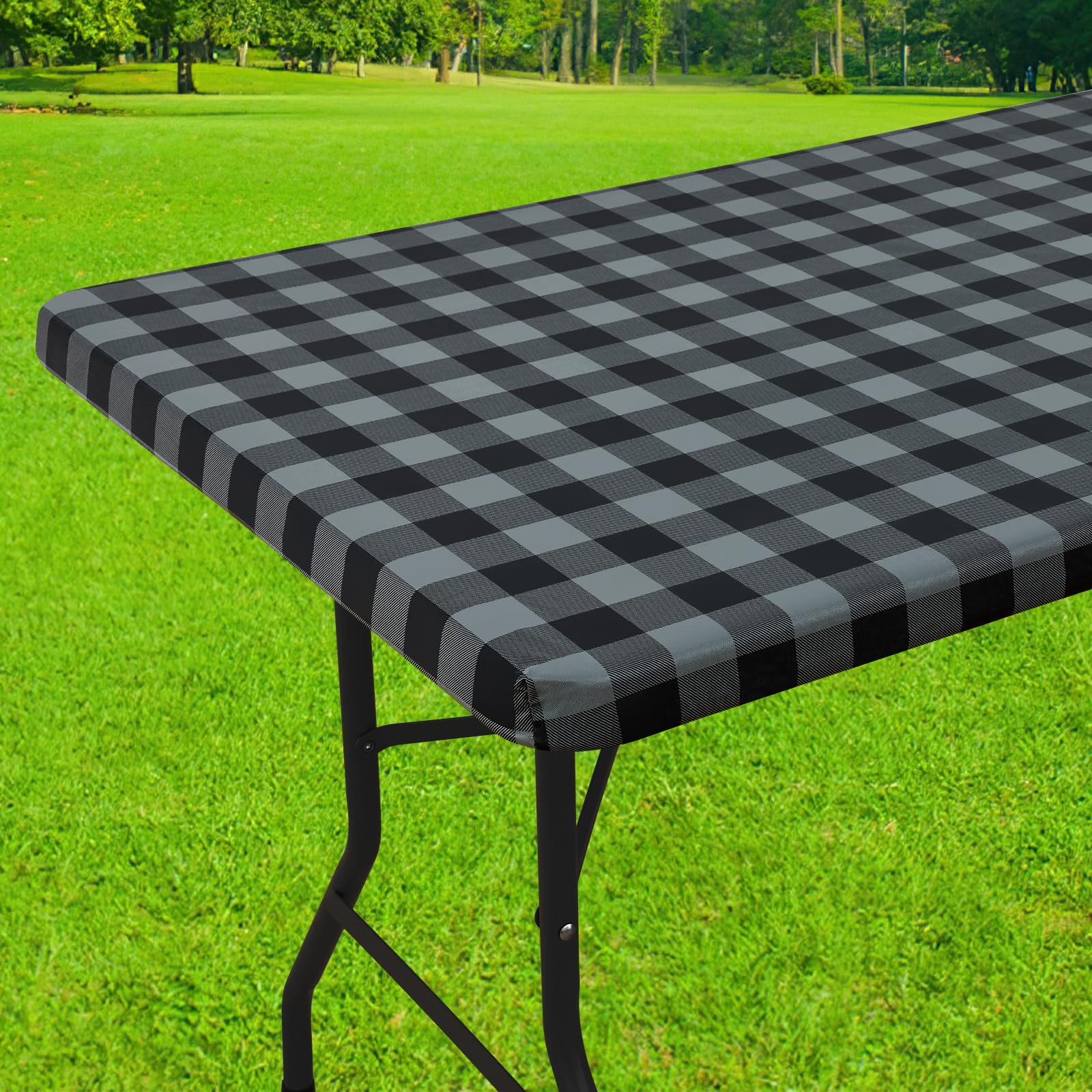 Smiry Rectangle Picnic Table Cloth, Elastic Waterproof Fitted Vinyl Tablecloths, Flannel Backed Buffalo Plaid Table Covers for Dining, Camping, Outdoor (Black and White, 30" x 72")