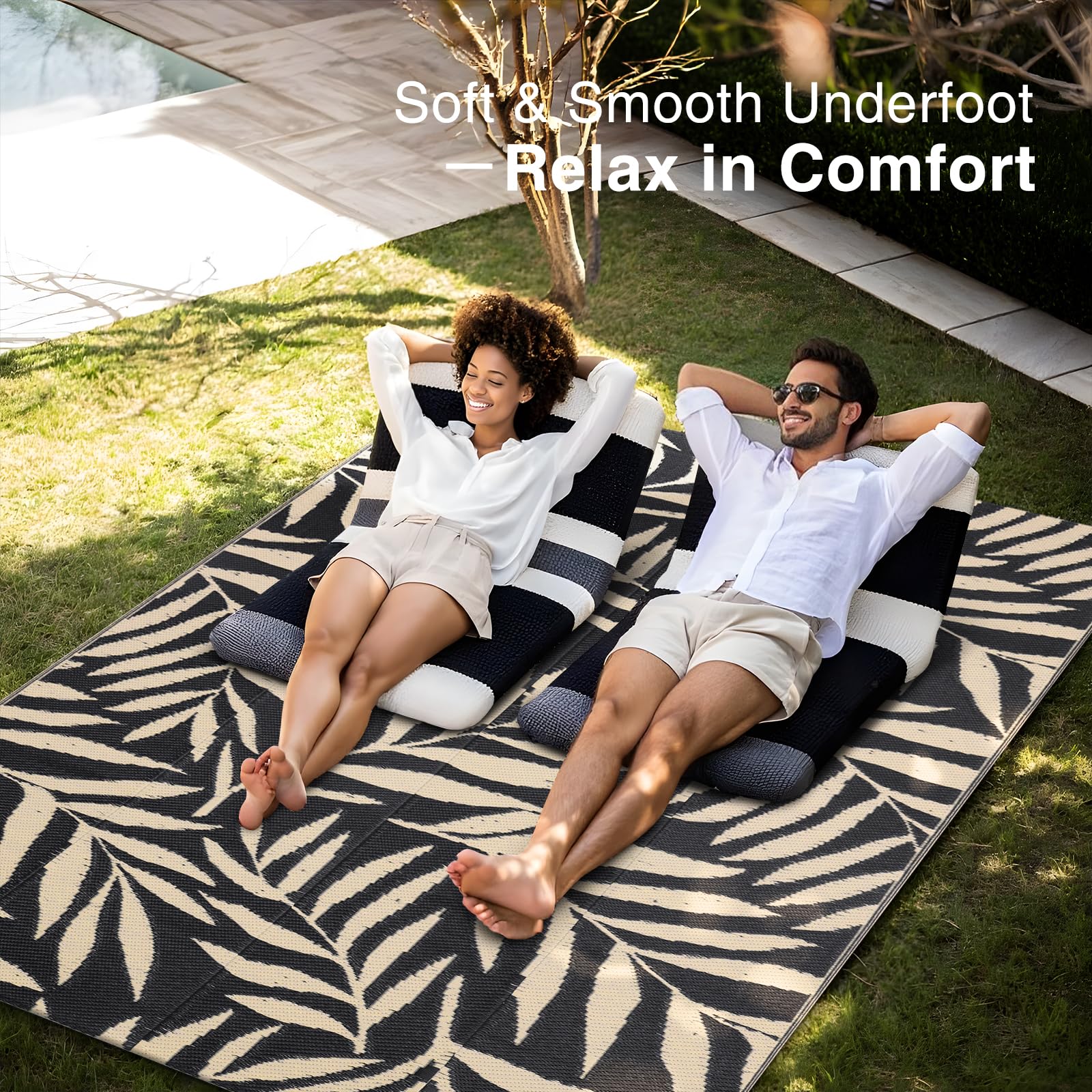 OLANLY Waterproof Outdoor Rug 5x8 ft, Reversible Outdoor Plastic Straw Rug with Leaf Pattern, RV Mat, Indoor Outdoor Carpet for Patio, Camping, Balcony, Deck, Backyard, Grey & White