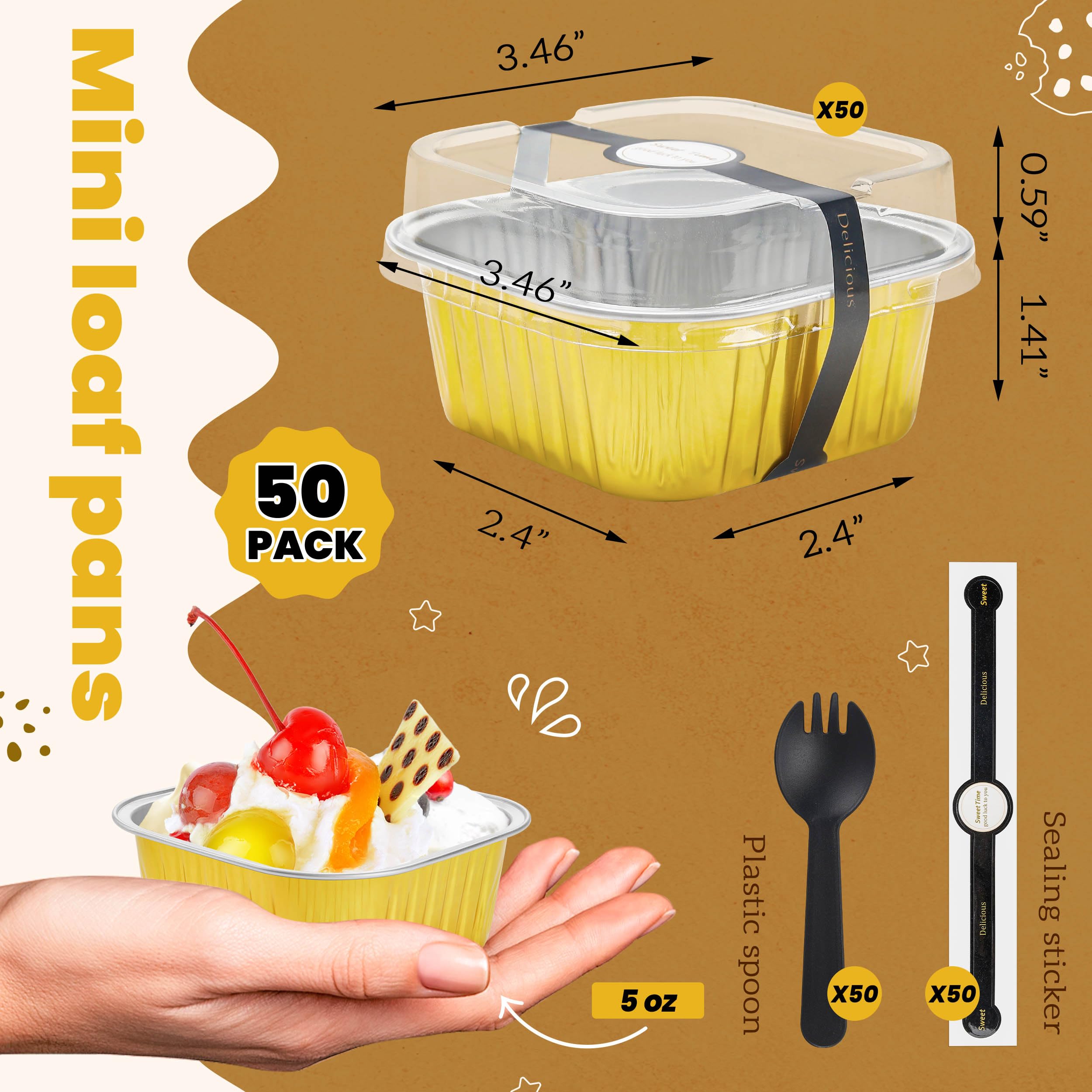 50 Pcs Mini Cake Pans with Lids and Spoons Aluminum Foil Mini Square Baking Cups with Lids Disposable Ramekins Cake Pans Dessert Cups for Wedding Birthday Party(Pink,5oz)