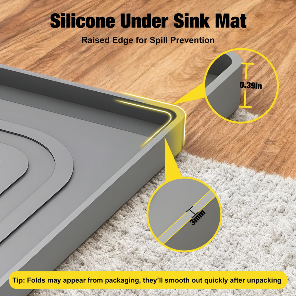 Aisslro Under Sink Mat 22" X 19", Waterproof Silicone Cabinet Protector with Raised Edge, Kitchen & Bathroom Leak Tray, Shelf Liner & Pet Feeding Mat for Dog Cat Food Mats, Light Gray