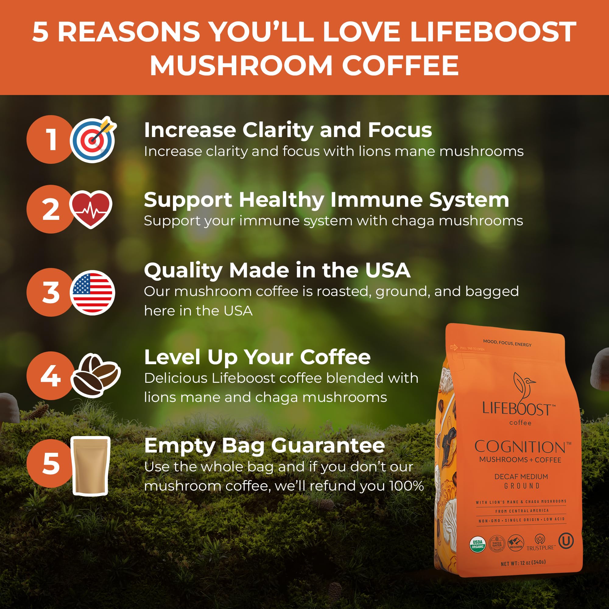 Lifeboost Cognition Adaptogenic Mushroom Coffee - Great Tasting Organic Lions Mane & Chaga Medium Roast Nootropic Coffee - Increase Energy, Boost Focus & Immune Support - 12 oz Bag - Ground