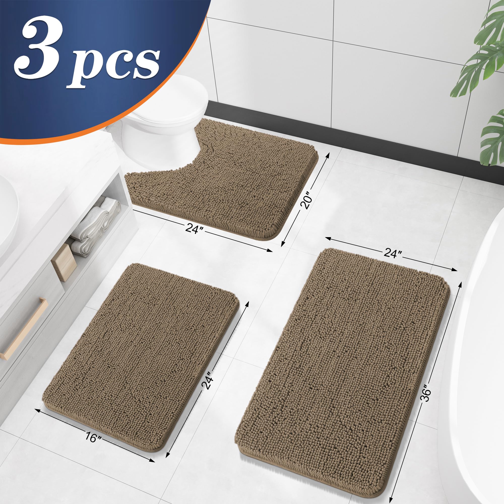 OLANLY Bathroom Rugs Sets 3 Piece, Soft Absorbent Chenille Bath Mats and U-Shaped Contour Toilet Rug, Quick Dry, Home Decor Accessories, Bath Mat Set for Bathroom (30"x20"+24"x16"+24"x20", Grey)