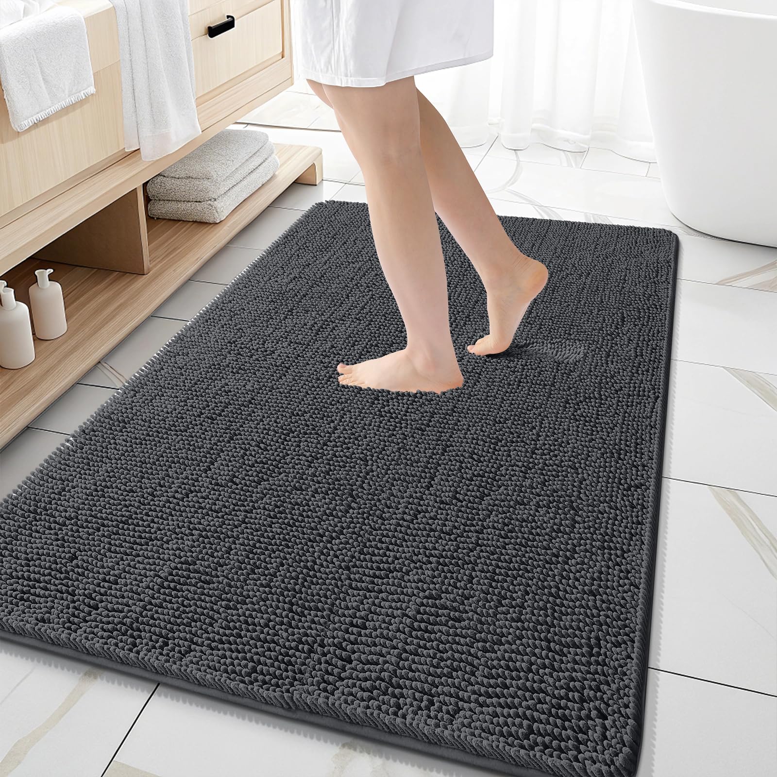 OLANLY Bathroom Rugs 30x20, Extra Soft Absorbent Chenille Bath Rugs, Rubber Backing Quick Dry, Machine Washable Bath Mats for Bathroom Floor, Tub and Shower, Home Decor Accessories, Grey