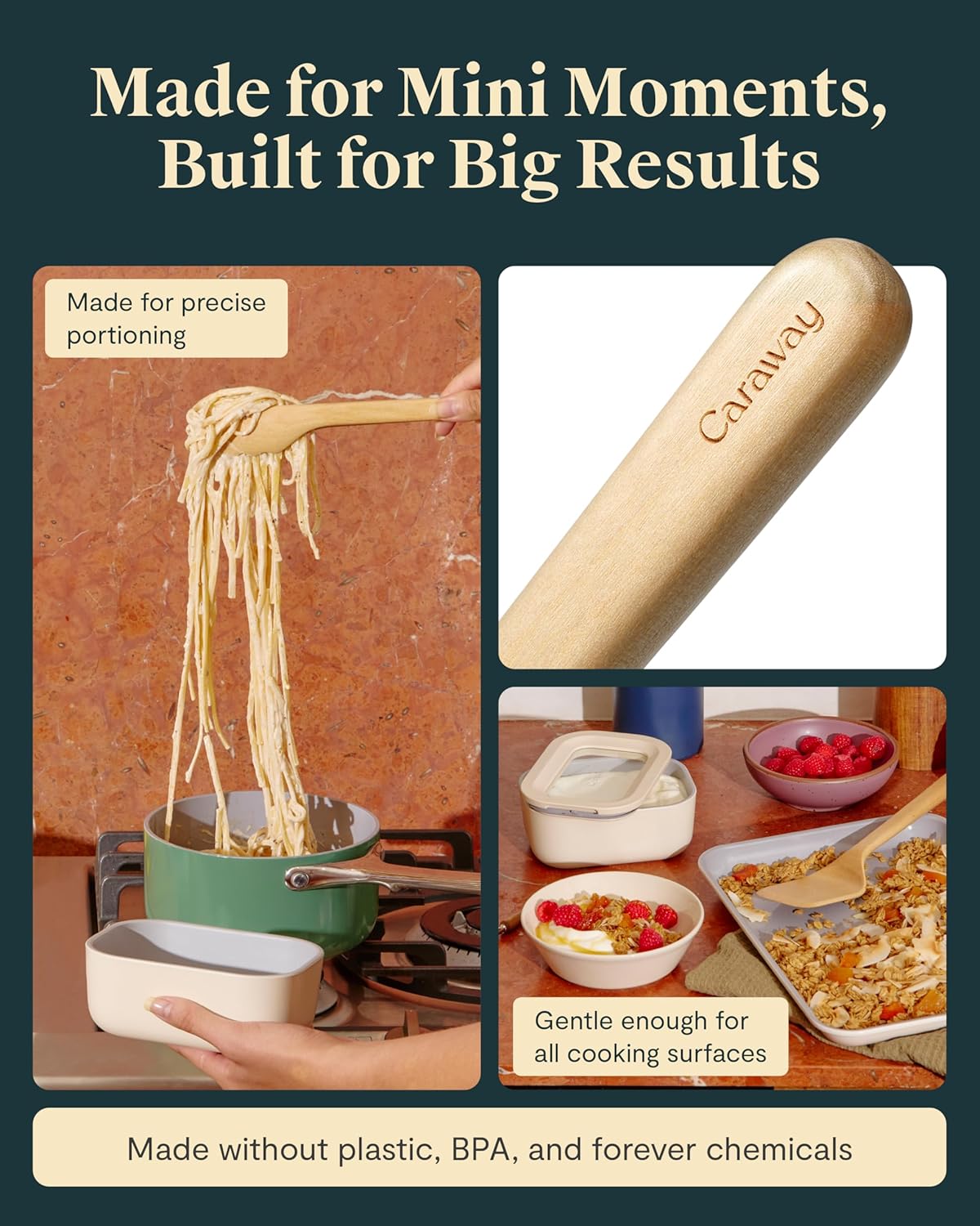 Caraway 4-Piece Mini Wooden Kitchen Utensils Set for Cooking, Serving, and Plating - Includes Mini Spoon, Scraper, Spatula, and Tongs