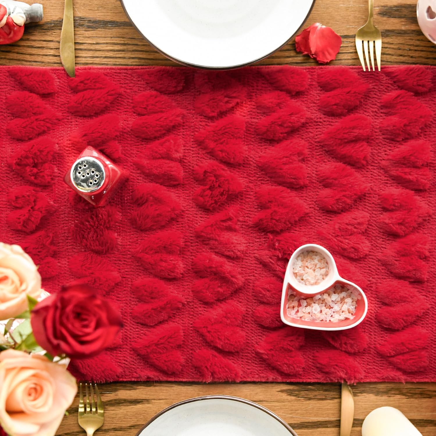 Artoid Mode Red Soft Plush Faux Fur Jacquard Heart Valentine's Day Table Runner, Seasonal Kitchen Dining Table Decoration for Home Party Decor 13x72 Inch