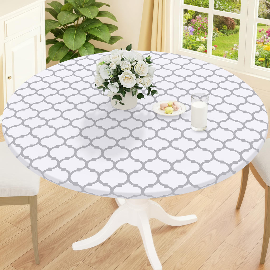 Smiry Round Picnic Tablecloth, Waterproof Elastic Fitted Table Covers for 45" - 56" Tables, Wipeable Flannel Backed Vinyl Tablecloths for Camping, Indoor, Outdoor, Grey & White