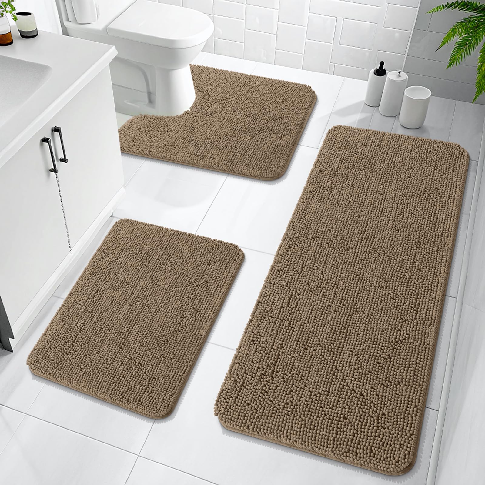 OLANLY Bathroom Rugs Sets 3 Piece, Soft Absorbent Chenille Bath Mats and U-Shaped Contour Toilet Rug, Quick Dry, Home Decor Accessories, Bath Mat Set for Bathroom (30"x20"+24"x16"+24"x20", Grey)