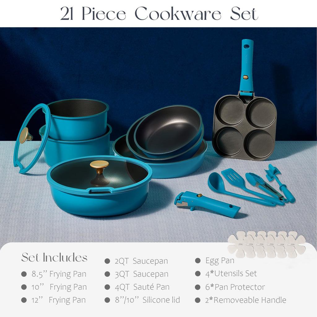 CAROTE 21pcs Pots and Pans Set, Nonstick Cookware Set Detachable Handle, Induction Kitchen Cookware Sets Non Stick with Removable Handle, RV Cookware Set, Gold and Purple