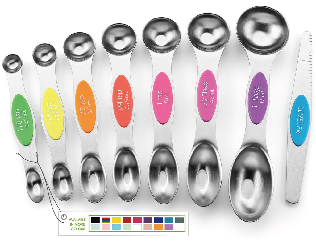 Spring Chef Stainless Steel Magnetic Measuring Spoons Set with Strong N45 Magnets, Heavy Duty Metal Kitchen Gadgets for Baking & Cooking, Fits in Most Kitchen Spice Jars, Set of 8 with Leveler, Black