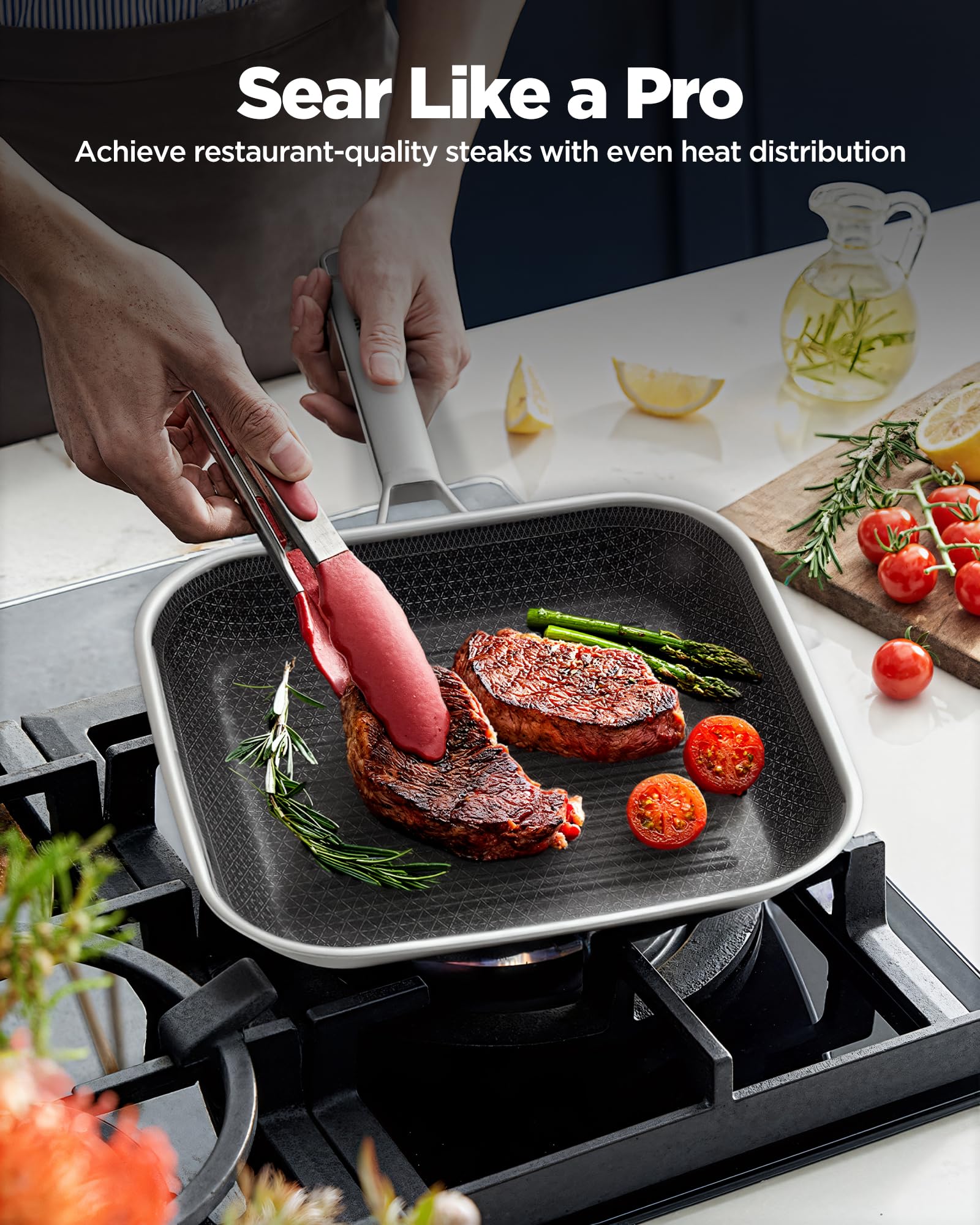 Nonstick Grill Pan,12 Inch Square Steak Grilling Pan for Indoor Cooking & Outdoor Grilling, Non Stick Stainless Steel Grill Skillet Steak Pan, PFOA Free cookware