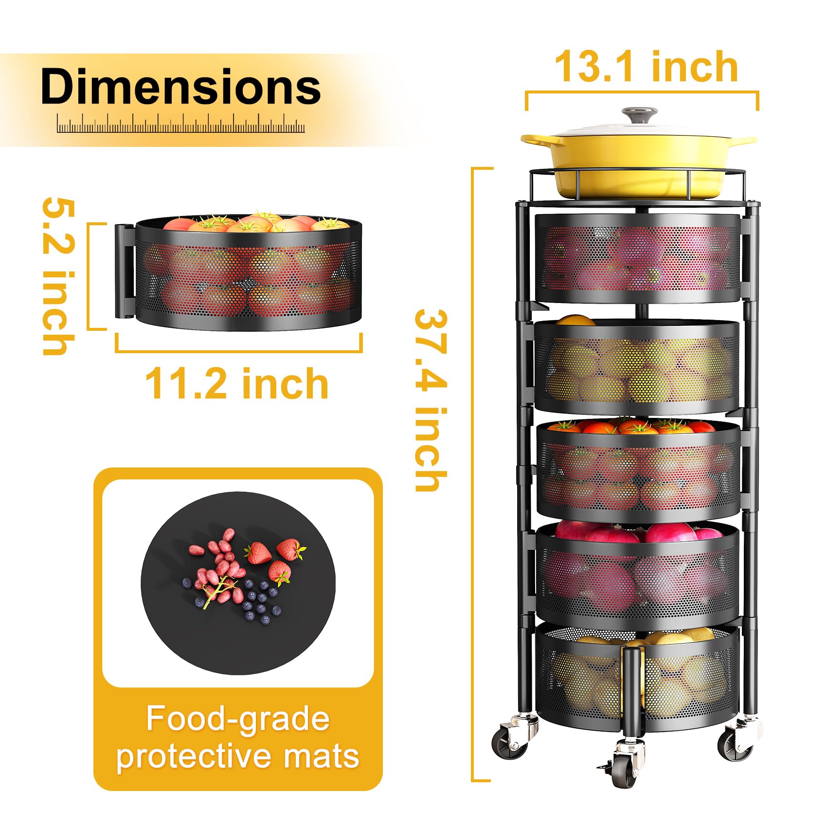 SNTD Fruit and Vegetable Basket Bowls for Kitchen with Metal Top Lid, 5 Tier Rotating Storage Rack Cart for Potato Onion Bread Banana, Wire Basket Organizer on Wheels, Large, Black
