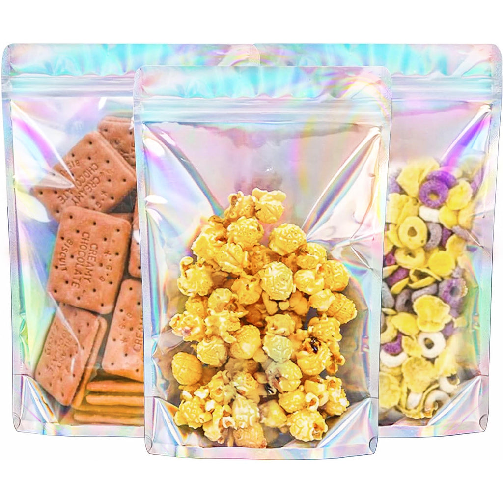 Holographic Mylar Bags Resealable Smell Proof Bags for lip gloss, Jewelry, Lash Candy and More - Small Business Packaging Supplies(100PACK, 3x9INCH)