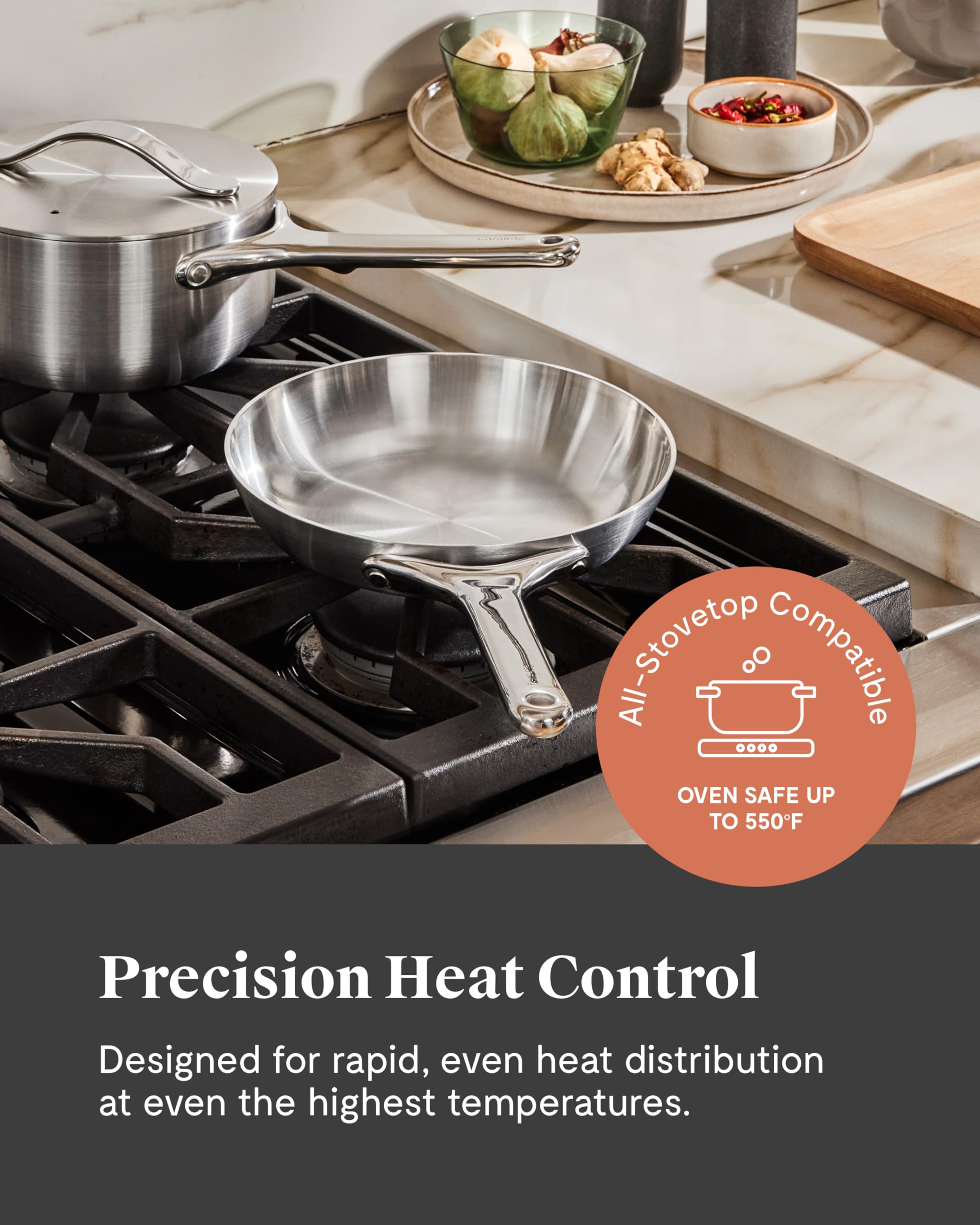 Caraway Stainless Steel Cookware Set – 12 Piece 5-Ply Stainless Steel Pots and Pans Set - Includes Fry, Sauce, Sauté Pan, Dutch Oven, and Space-Saving Storage - Non Toxic, PTFE & PFOA Free