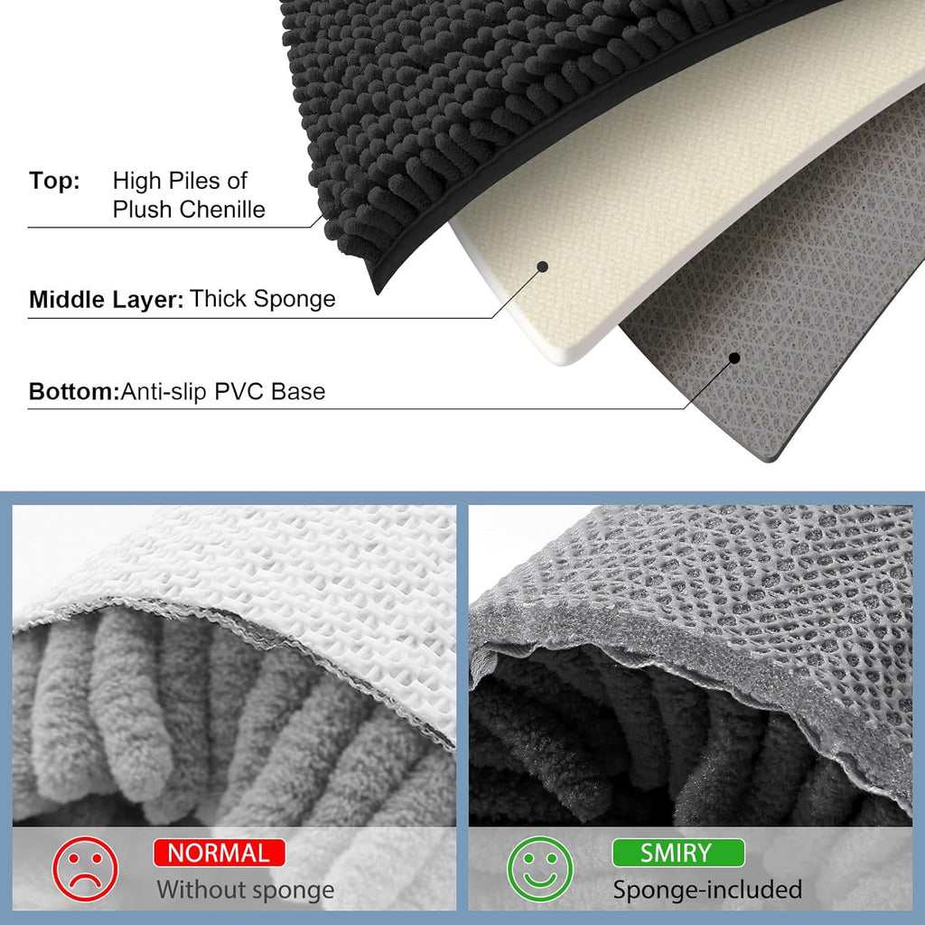 Smiry Bathroom Rugs Sets 2 Piece, Soft Absorbent Chenille Machine Washable Non Slip Shaggy Bath Rug Set for Tub, Shower, and Floor (30x20+24x16, Black)