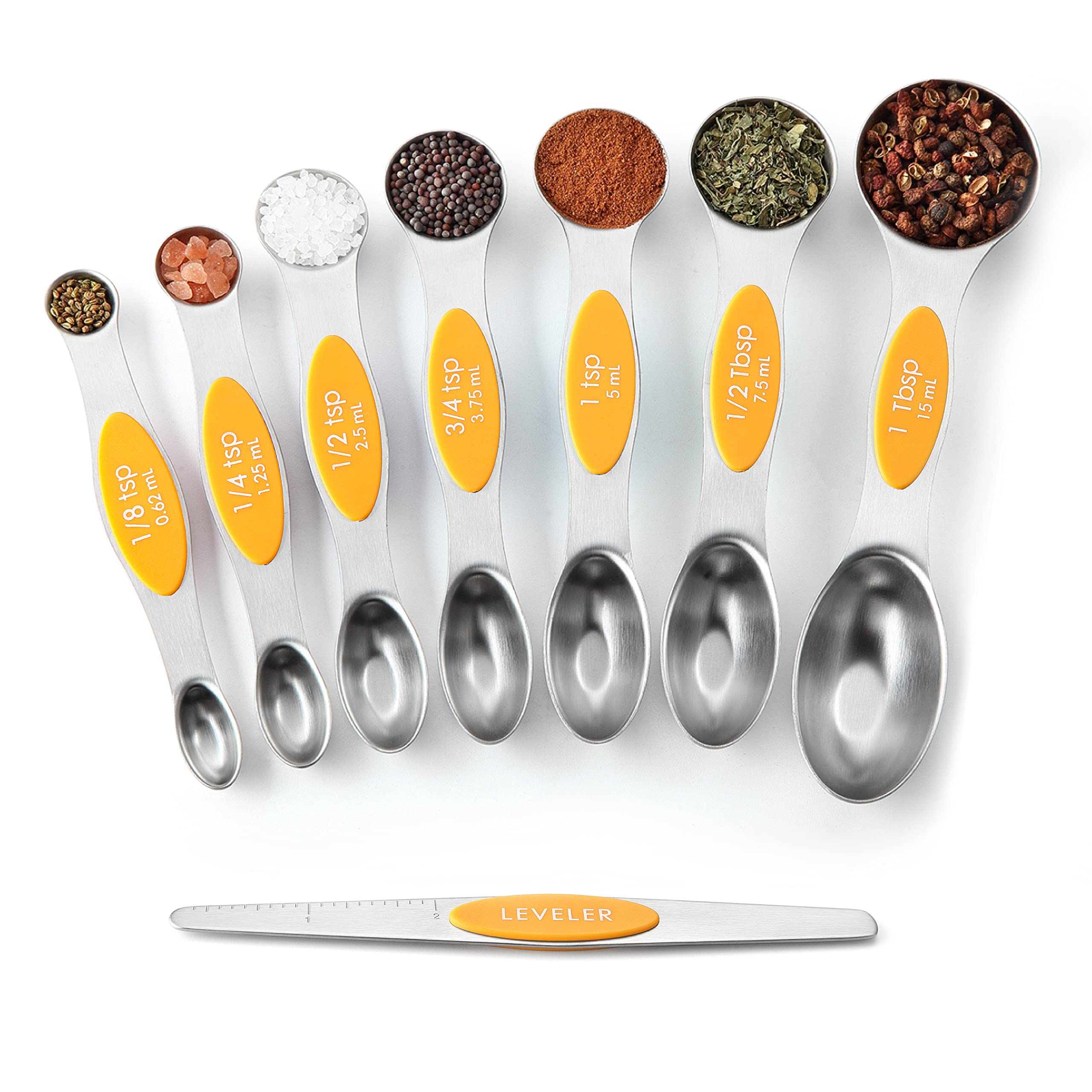 Spring Chef Stainless Steel Magnetic Measuring Spoons Set with Strong N45 Magnets, Heavy Duty Metal Kitchen Gadgets for Baking & Cooking, Fits in Most Kitchen Spice Jars, Set of 8 with Leveler, Black